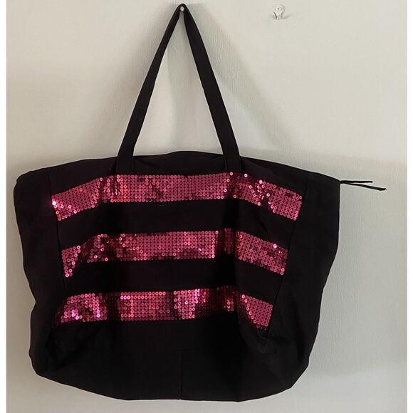 Victoria's Secret VS Logo Black Pink Sequined Weekender Tote Bag Duffle Large - Picture 6 of 6